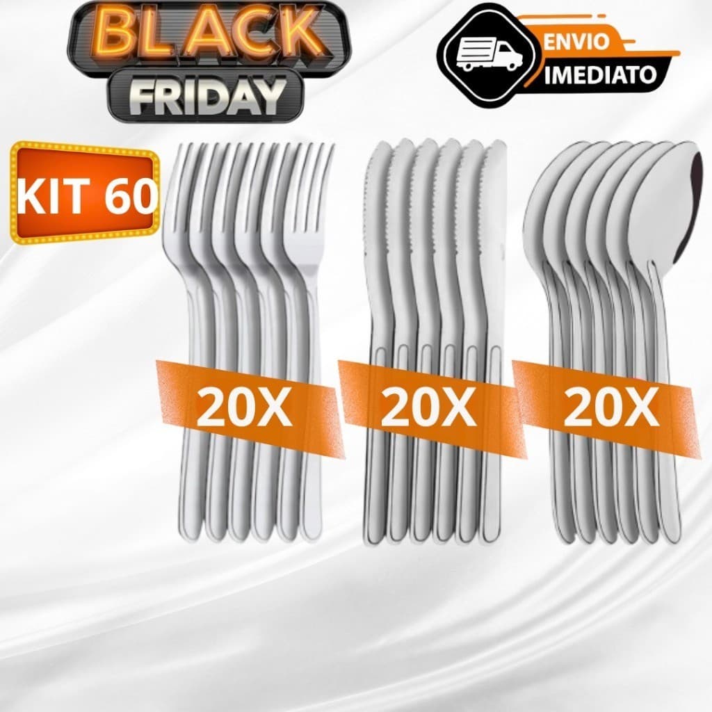 Kit 60 Talheres 20 Garfos 20 Facas e 20 Colheres Em Aço Inox Alta Qualidade Para Restaurantes Envio Imediato