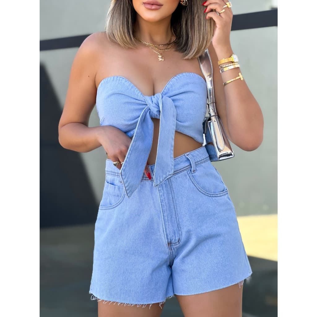 ninajeans 97 Conjunto jeans com cropped e shorts Conjunto Feminino 97