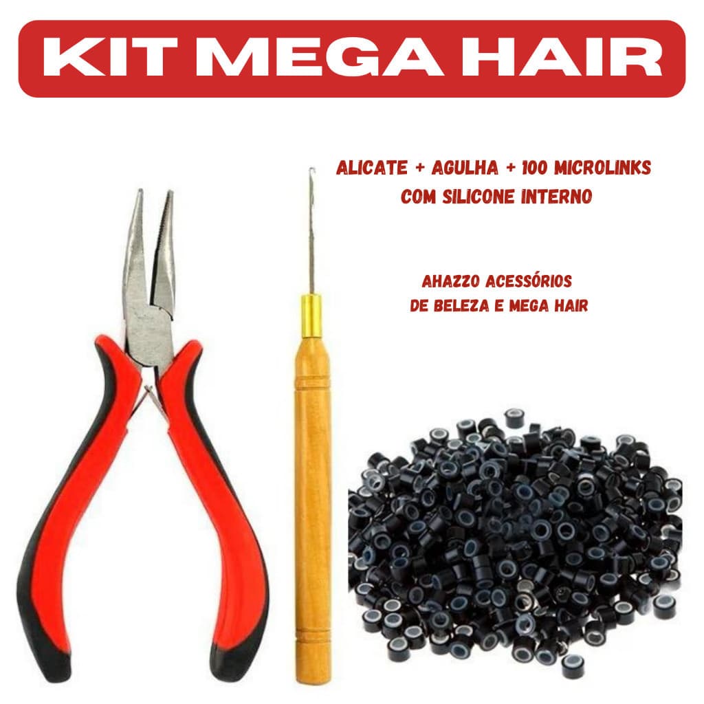 Kit Mega Hair Alicate + Agulha Gancho +100 Microlinks C/ Silicone