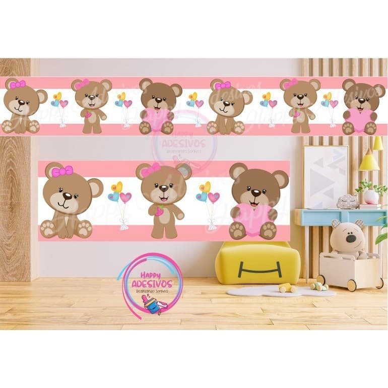 Faixa Adesiva Decorativa Parede Infantil Ursinha Lacinho Coração Ursa Menina  Princesa Teen DCM