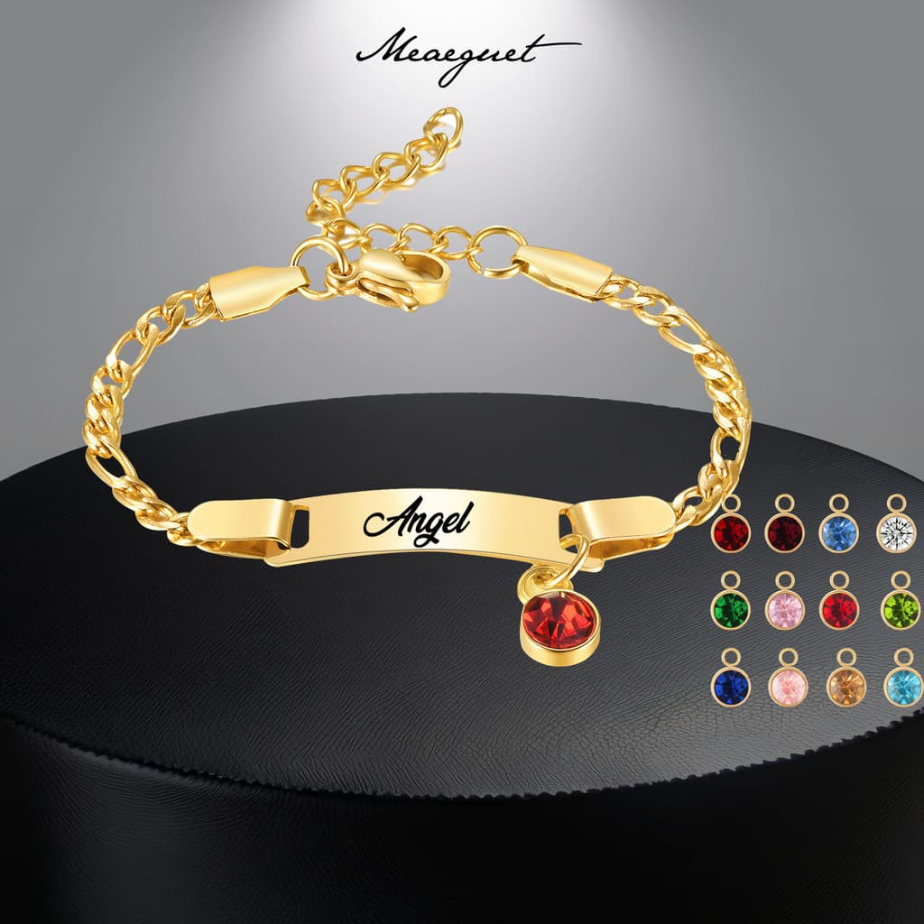 Meaeguet Pulseira Personalizada De Pedra De Nascimento Para Crianças , De Identificação Com Nome Gravado Gratuito Meninas