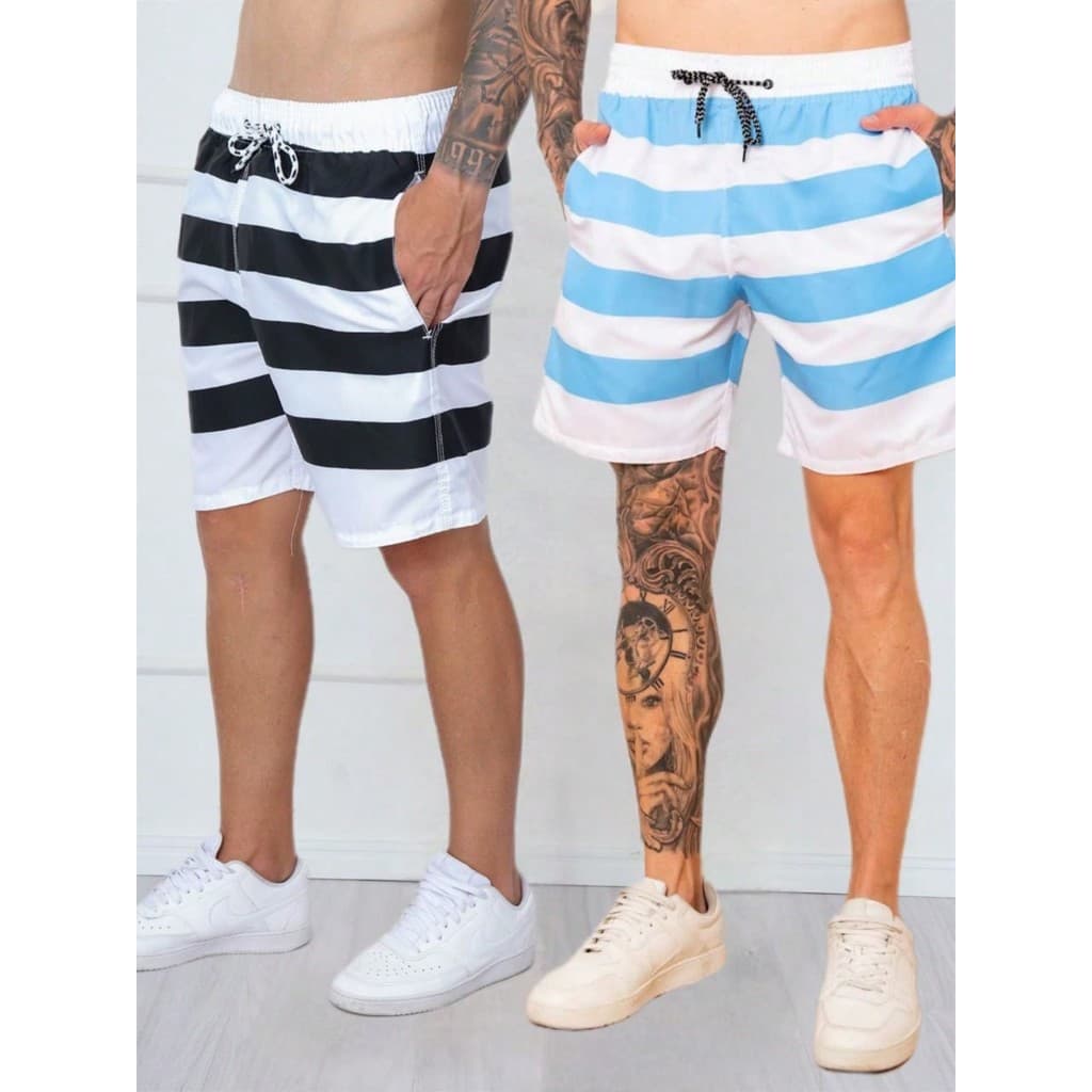 KIT 2!!!  Bermudas listrada Masculinas Mauricinho Shorts Seca Rápido Surf Estampada Praia Tactel Masculina Adulto
