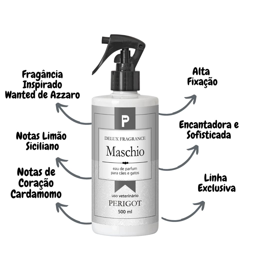 Perfume Alta Fixação Colônia Maschio Delux Perigot 500ml e 50ml para Cães e Gatos