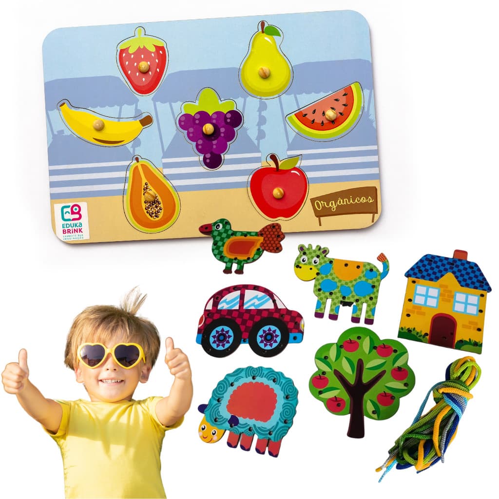 Kit Encaixe ds Frutas e Alinhavo Brinquedo Terapeutico Autismo Pedagógico