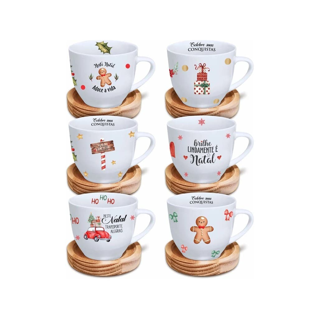 Conjunto 6 canecas 170ml Pires Madeira Coleção Natal Café Manhã Tarde Confraternização Presente