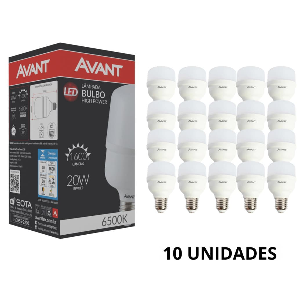 Kit de 10/20/30/40/50 Lâmpadas De Led Bulbo 20w E27 Bivolt Avant