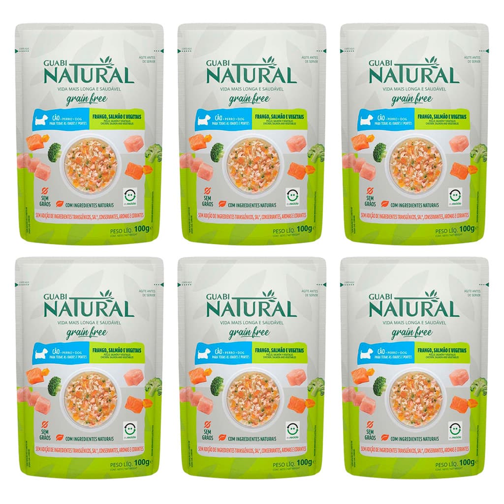 Ração Úmida Guabi Natural Sachê Cães Grain Free Frango Salmão e Vegetais 100g 6 Unidades