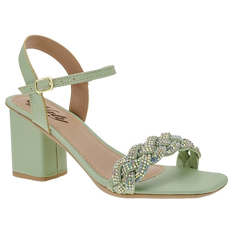 Sandália Feminina Verde  Strass Salto Alto Grosso Casual Festa Confortável Tamanho Grande Naty Shoes