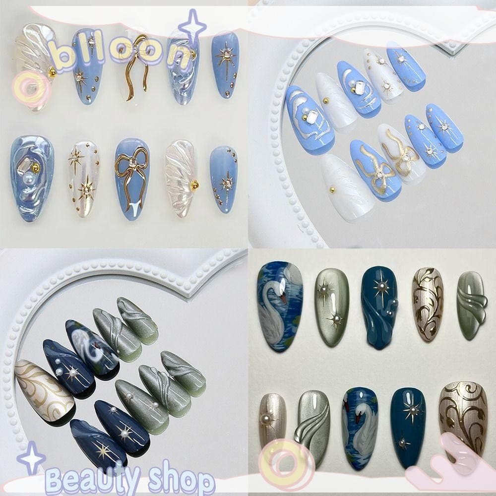 Bloon 24pcs Unhas Postiças , Listra De Olho De Gato Azul Profundo Dourado Espumante Arco Onda Falsas , Imprensa Francesa