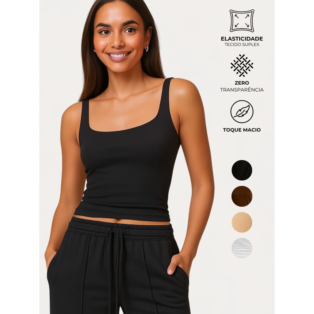 Blusa Regata Feminina Alcinha Decote Quadrado Suplex Premium Forrada Não Transparente