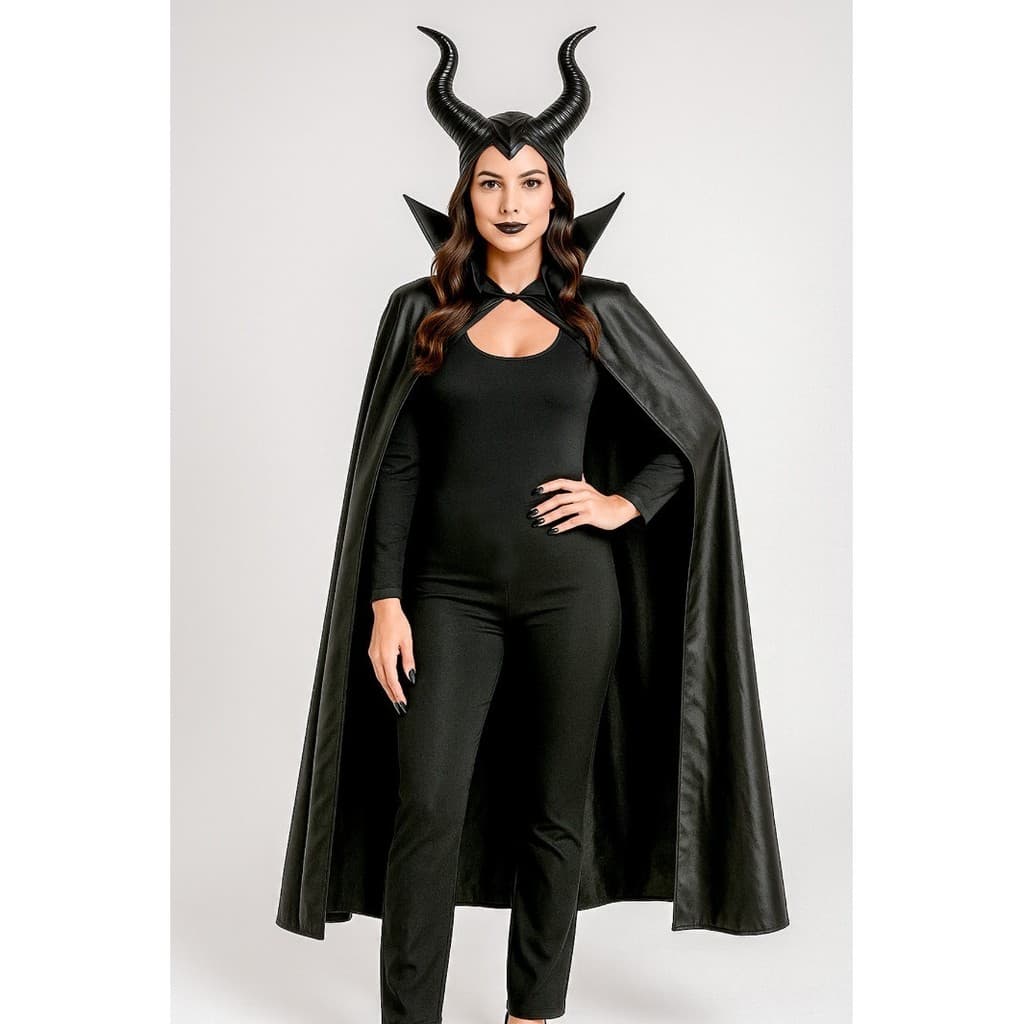 Fantasia Malévola Feminina com Chifre, Capa e Batom Preto Completa Halloween