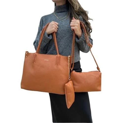 Kit 3 Pecas Bolsa Feminina Casual Estilo Tote Conjunto Caramelo