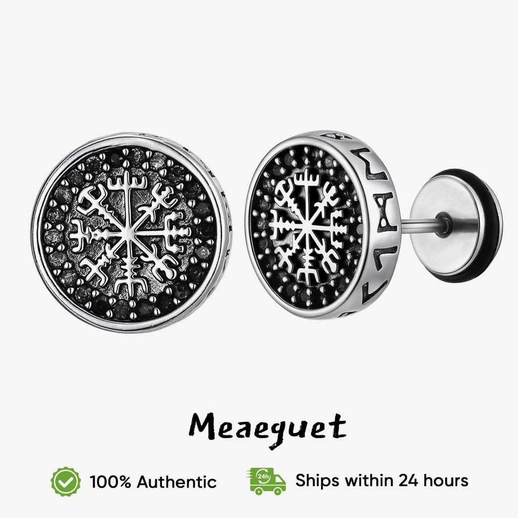 Brincos Masculinos Góticos Meaeguet Com Bússola Viking Em Cobre Acabamento Platina E Zircônia