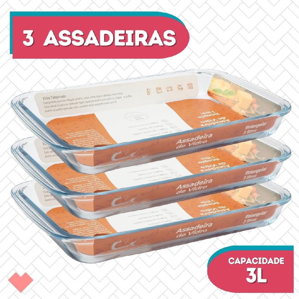 Kit 3 Refratários Vidro Retangular 3L Sobremesesas Freezer