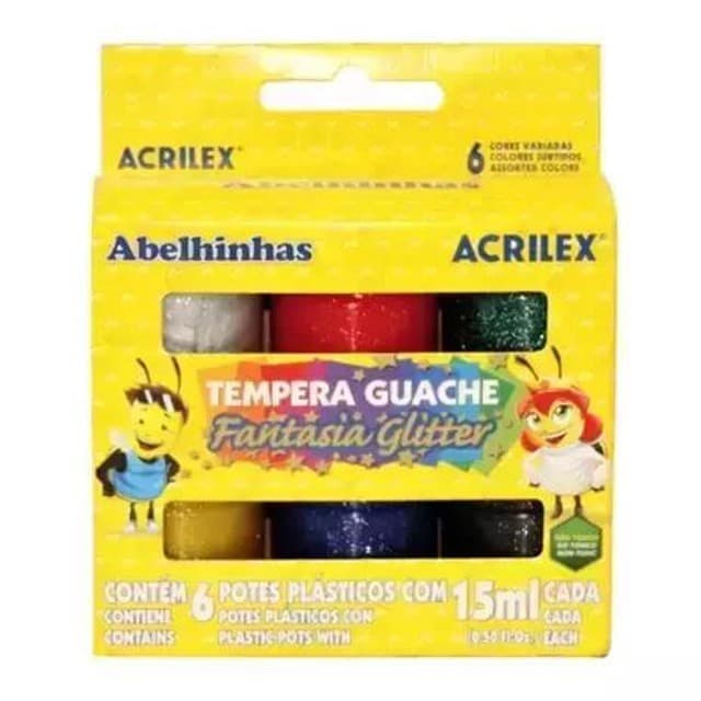 TINTA TEMPERA GUACHE 6 CORES FANTASIA COM GLITTER