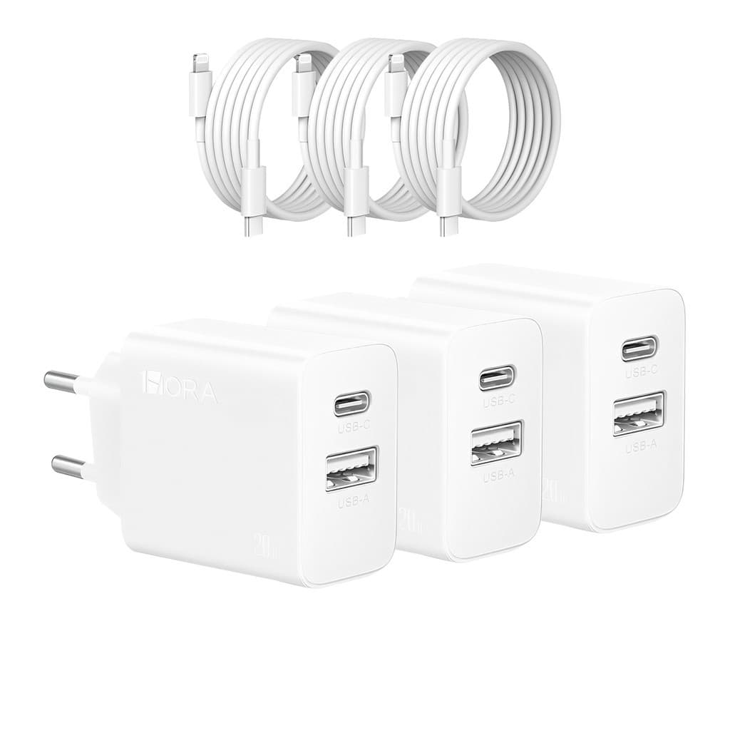 KIT 3X Carregador Usb 1Hora, Pd 20W Porta A/C + Cabo C/Lightning Branco
