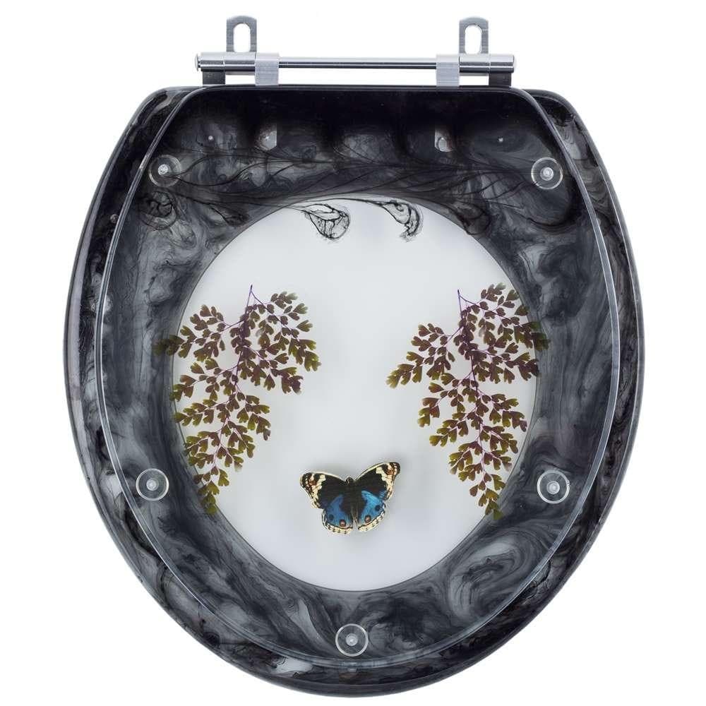 Assento Sanitário Tampa de Vaso Convencional Oval Preto Decorado com Borboleta