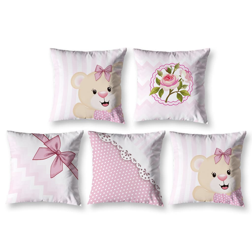 Kit 5 Capas de Almofada Menina Estampadas Infantil 40cm x 40cm Zíper invisível Digital Decorativa