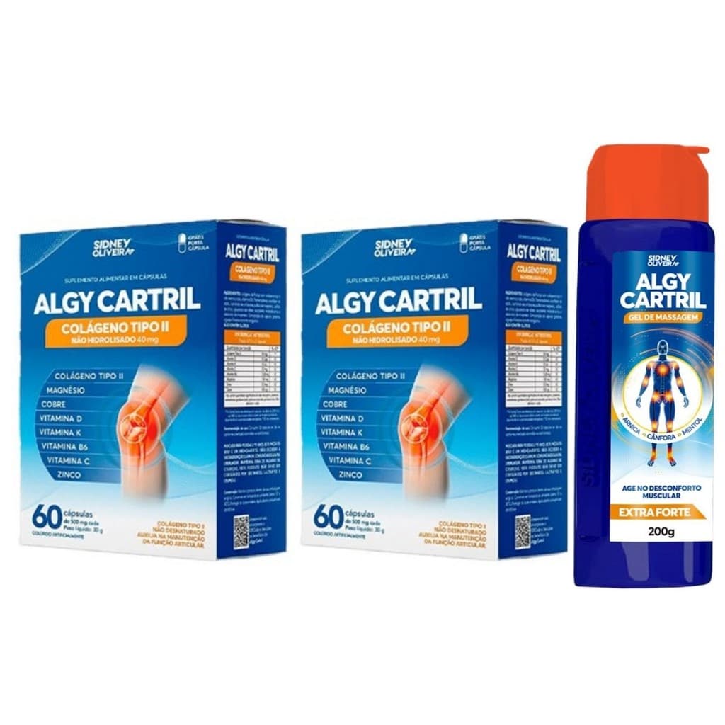Kit Algy Cartril Colágeno Tipo 2 (120 Cápsulas) + Gel Massageador para Dores Articulares Musculares