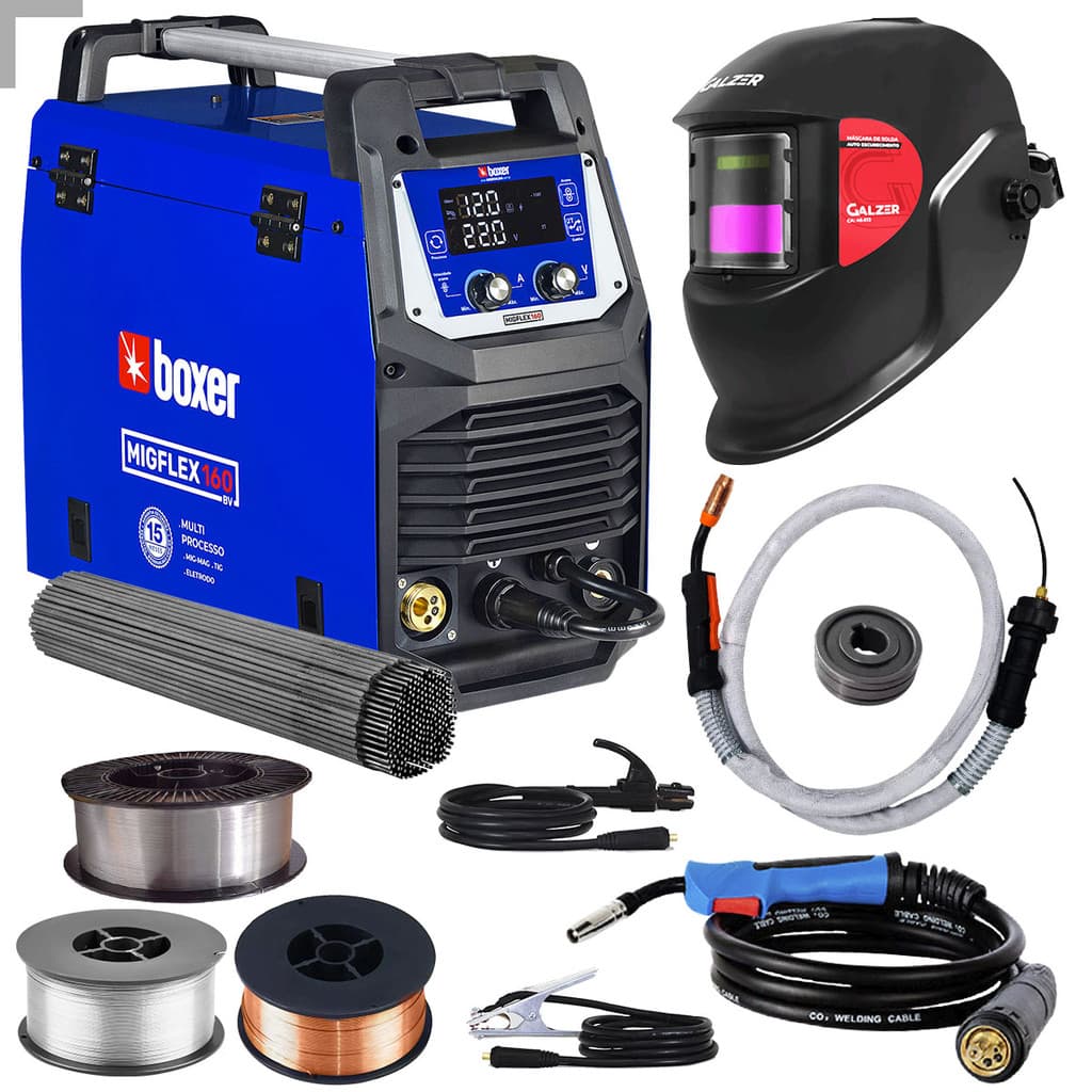 Kit Maquina De Solda Multiprocesso 4x1 Mig Flex 160 Tig Eletrodo Tocha Aluminio Roldana Mascara Arames