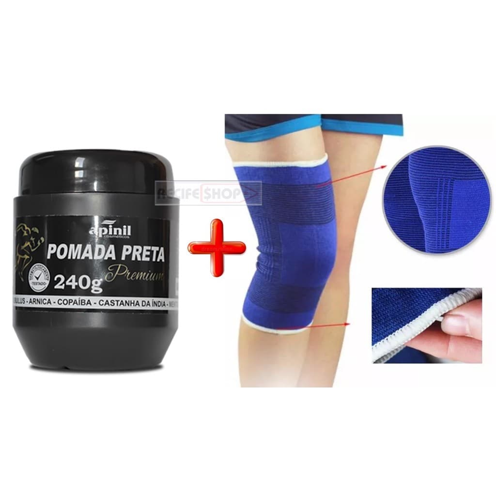 Pomada Preta Pote 250g + Joelheira Ortopedica Azul Elastica