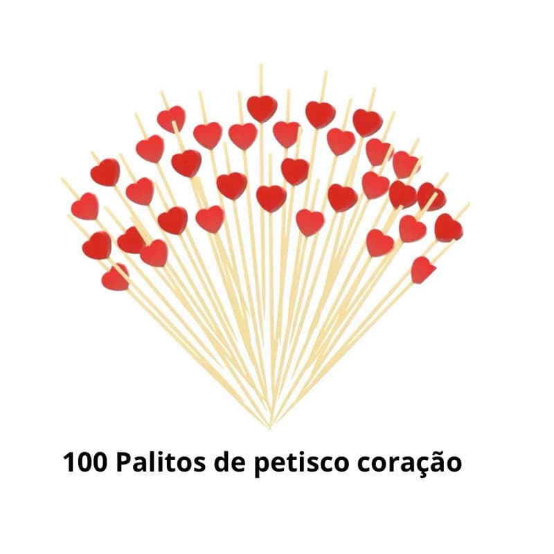 Kit 100 Palitos de Bambu Para Petisco Decorado Coração 12cm