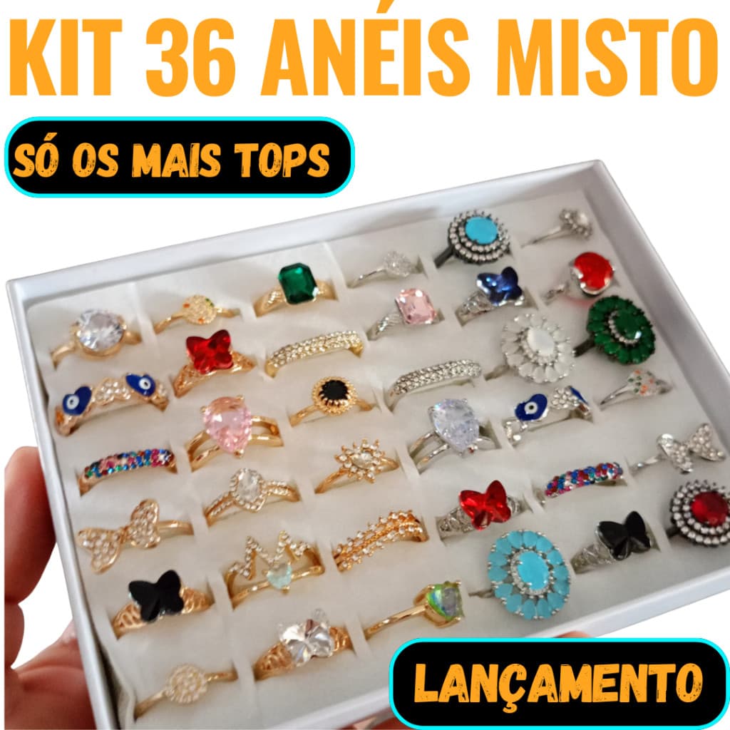 💸 Caixinha de Anéis Sortidos (36 peças) | Banhado a Ouro 18k e Prata 925 | Revenda Garantida!