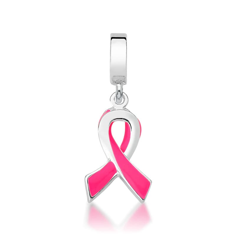 Berloque Prata 925 Laço Rosa Esmaltado Símbolo da Cura e Conscientização Outubro Rosa