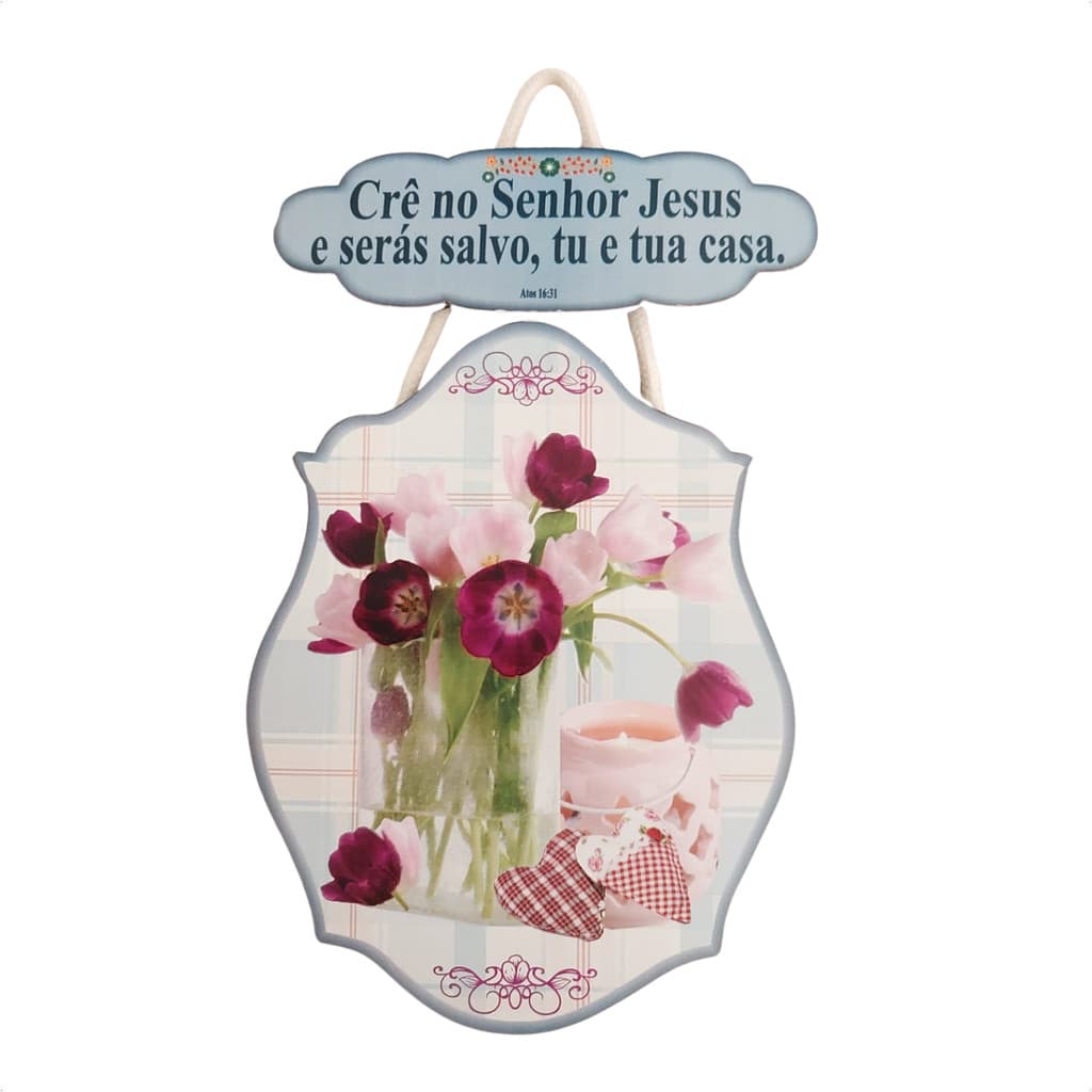Placa Decorativa Vintage Crê no Senhor Jesus e serás  Presente Cristão Quadro Evangélico Frase Bíbli
