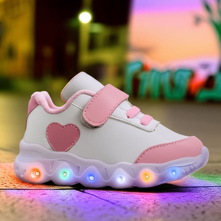 Tênis Calçado Infantil Feminino Criança de LED Coração Luzinha Rosa Brilha Menina - Kit com Pulseira