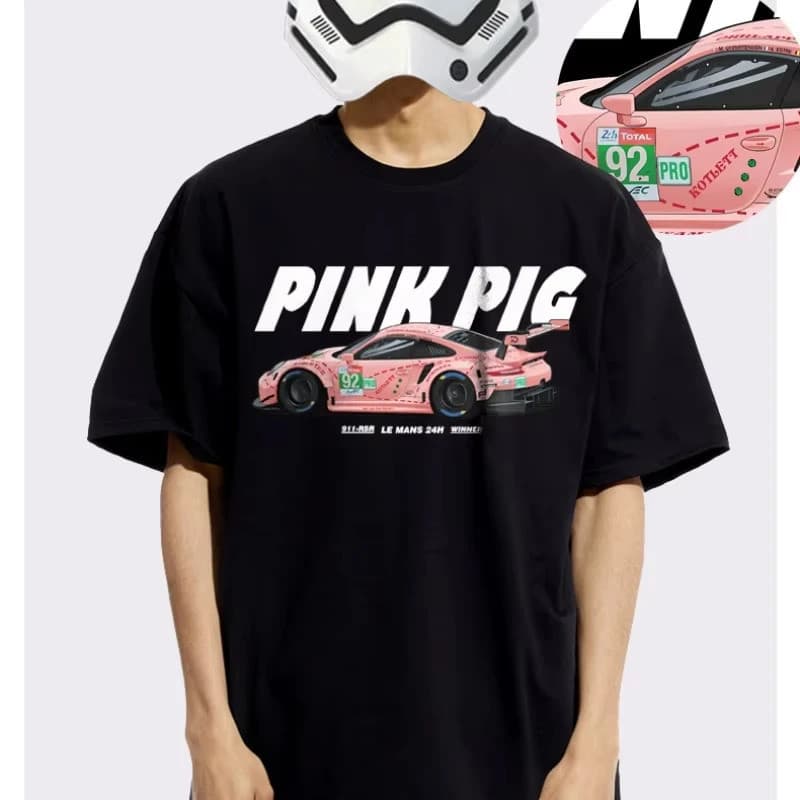 2025 Novo Carro Modificado Porsche Rosa Porco Camiseta RWB Corrida Impresso Gráfico Unisex De Manga Curta Motocicleta