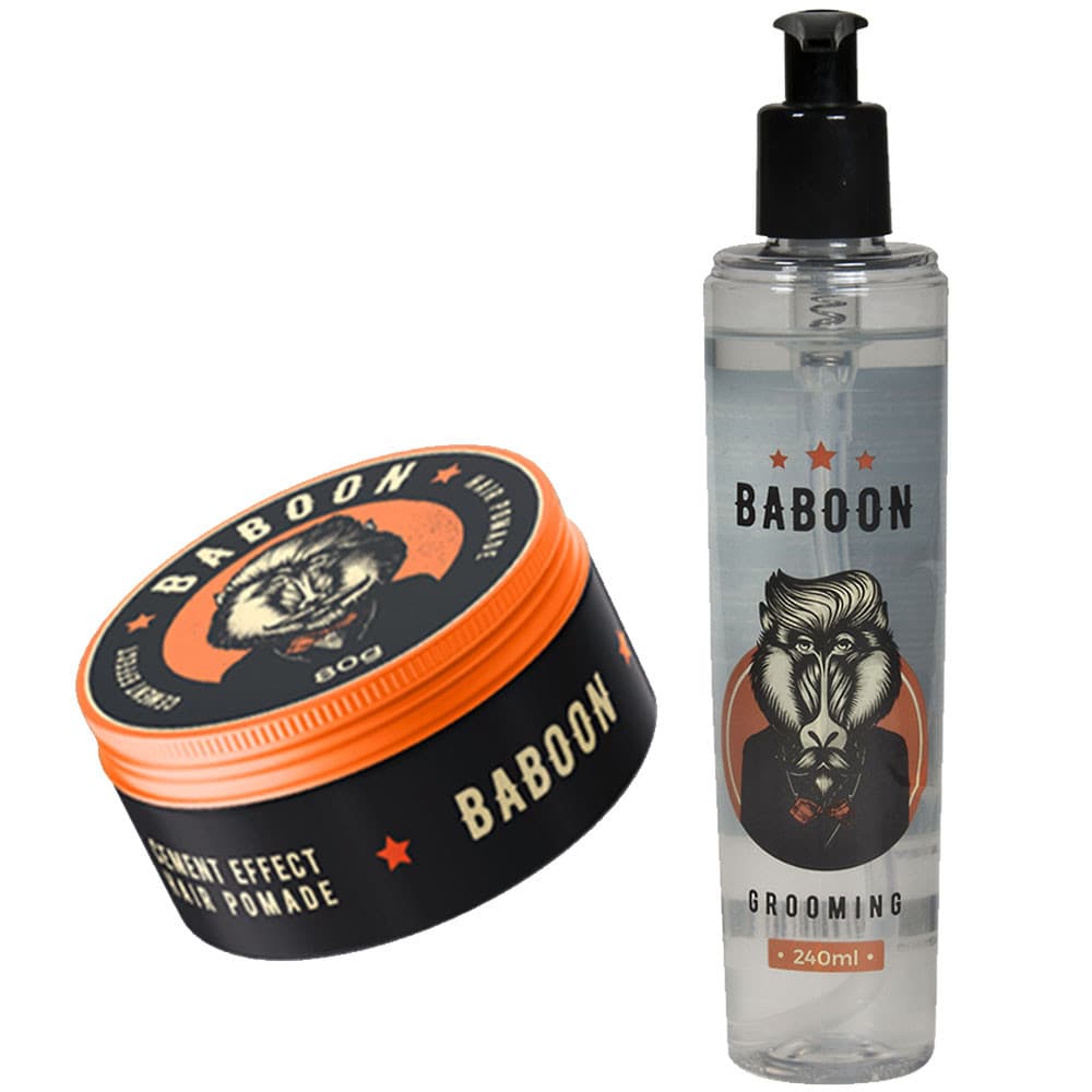 Kit Baboon Pomada Cement Effect Fixação Cera 80g + Grooming para Cabelo Masculino Volume para Fios 240ml