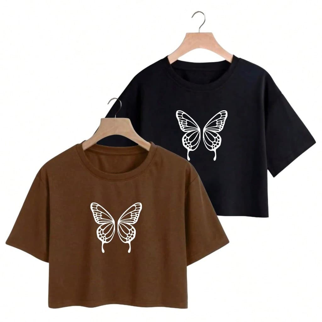 Kit 2 Cropped Camiseta Feminina Blusinha em Algodão Premium Borboleta Envio Imediato
