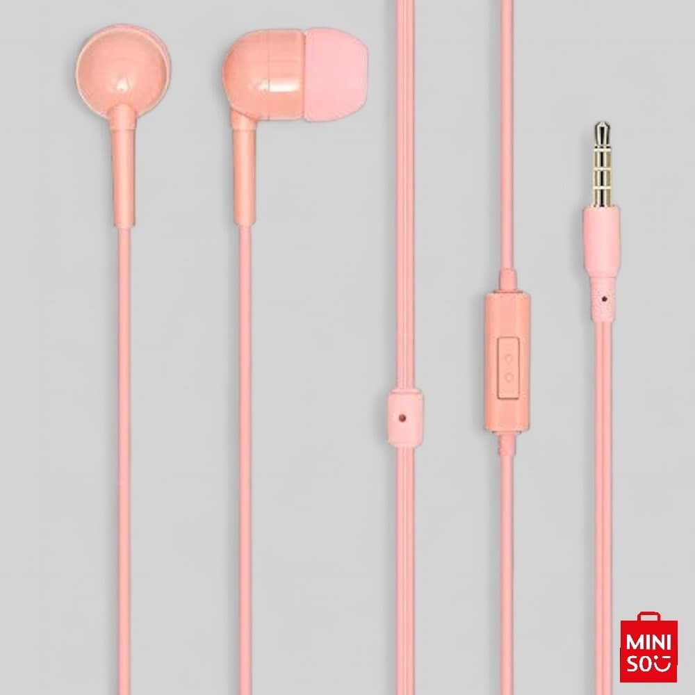 Fone de Ouvido Rosa Miniso com Fio e Case Portátil – Microfone Embutido, Controle de Volume e Conector P2