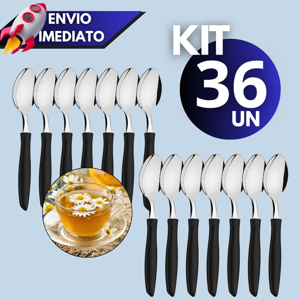 Kit 12/15/20/24/30/36 Talheres – Colheres de Chá ou Sobremesa com Cabo Preto Resistente Inox