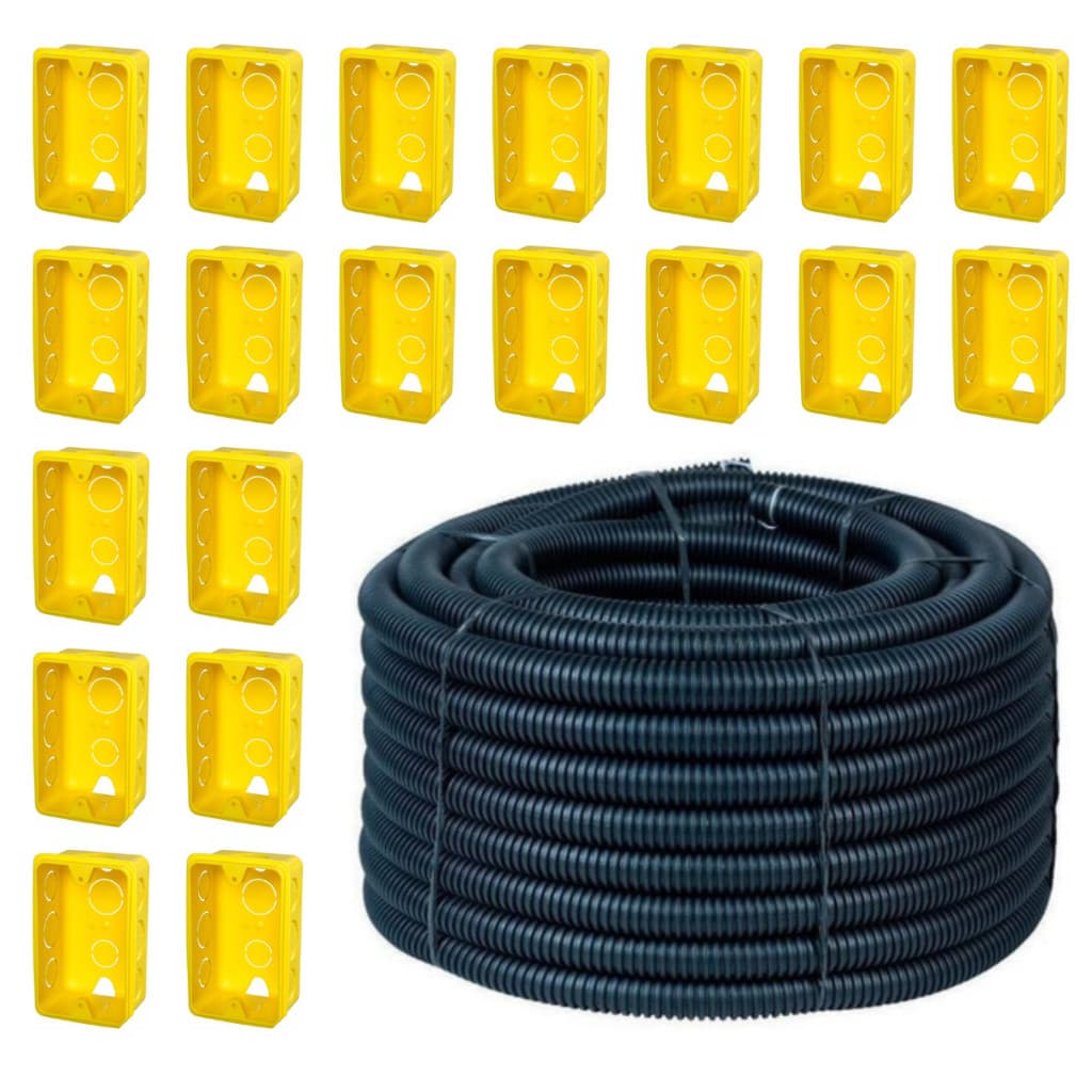 Kit 20 Caixa De Luz 4x2 Amarela + Rolo de Conduíte Eletroduto 50 Metros 3/4 Corrugado Reforçado