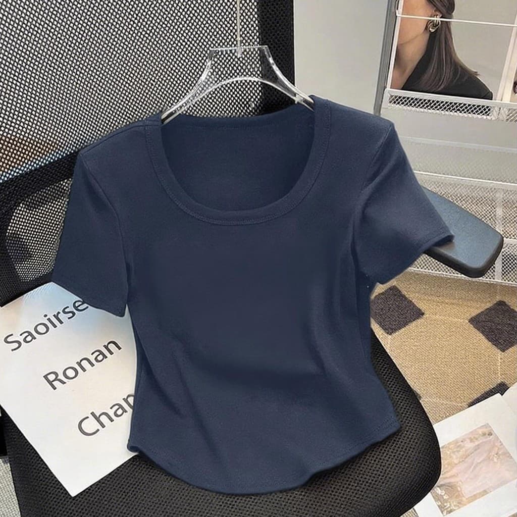 S-3XL Camiseta Tamanho Grande Estilo Básico Com Nervuras Gola Em U Ajuste Fino casual Respirável De Manga Curta Topo Fem