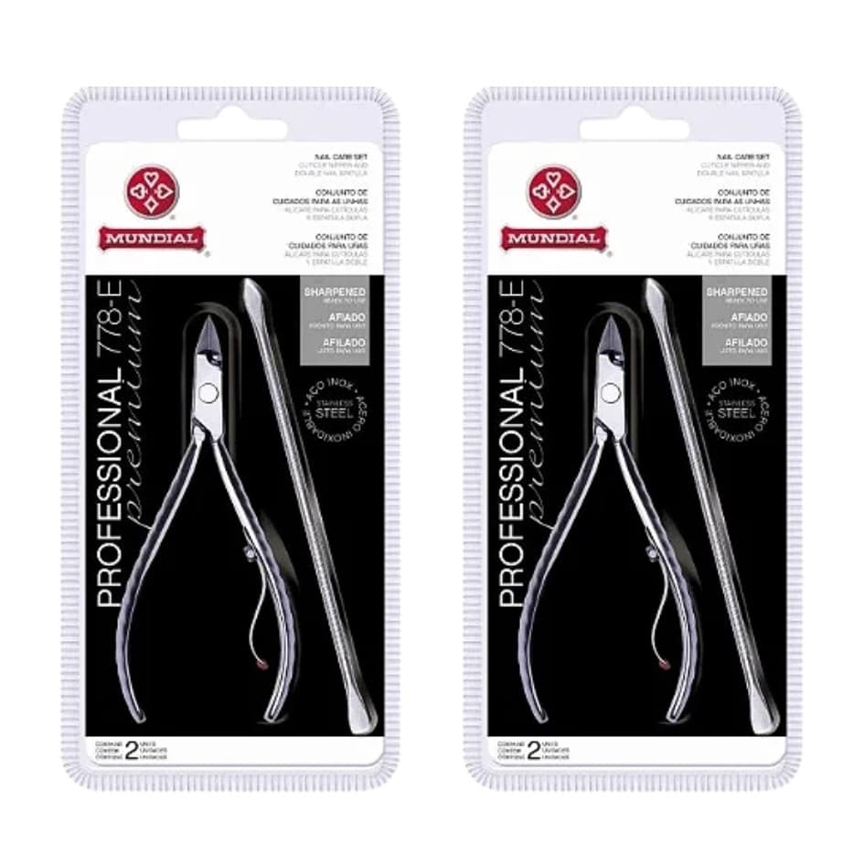 KIT DE 2 ALICATES CUTICULAS 778-E COM ESPATULA DUPLA PROFESSIONAL PREMIUM INOX MUNDIAL