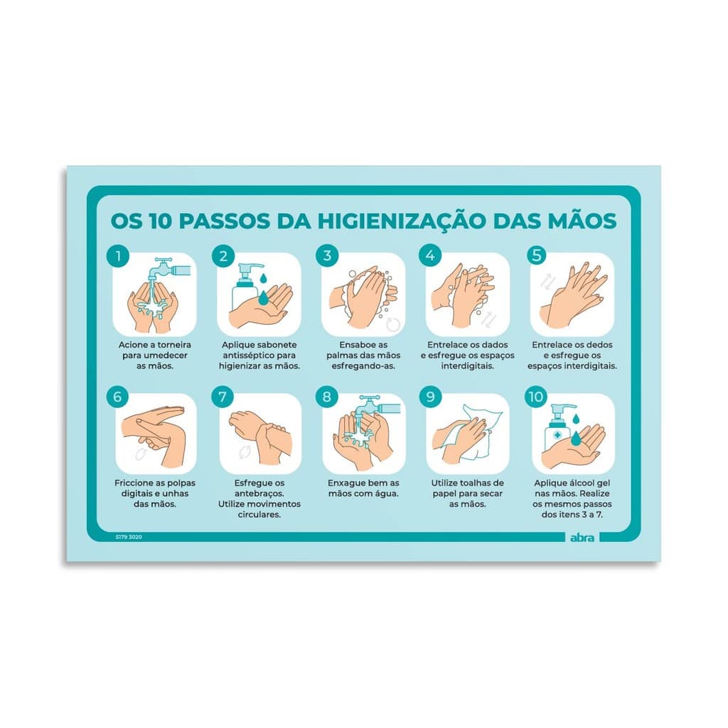 Placa Educativa Os 10 Passos da Higienização das Mãos para Banheiro Higiene Cuidados Saúde Lavar as Mãos 30x20 Cm