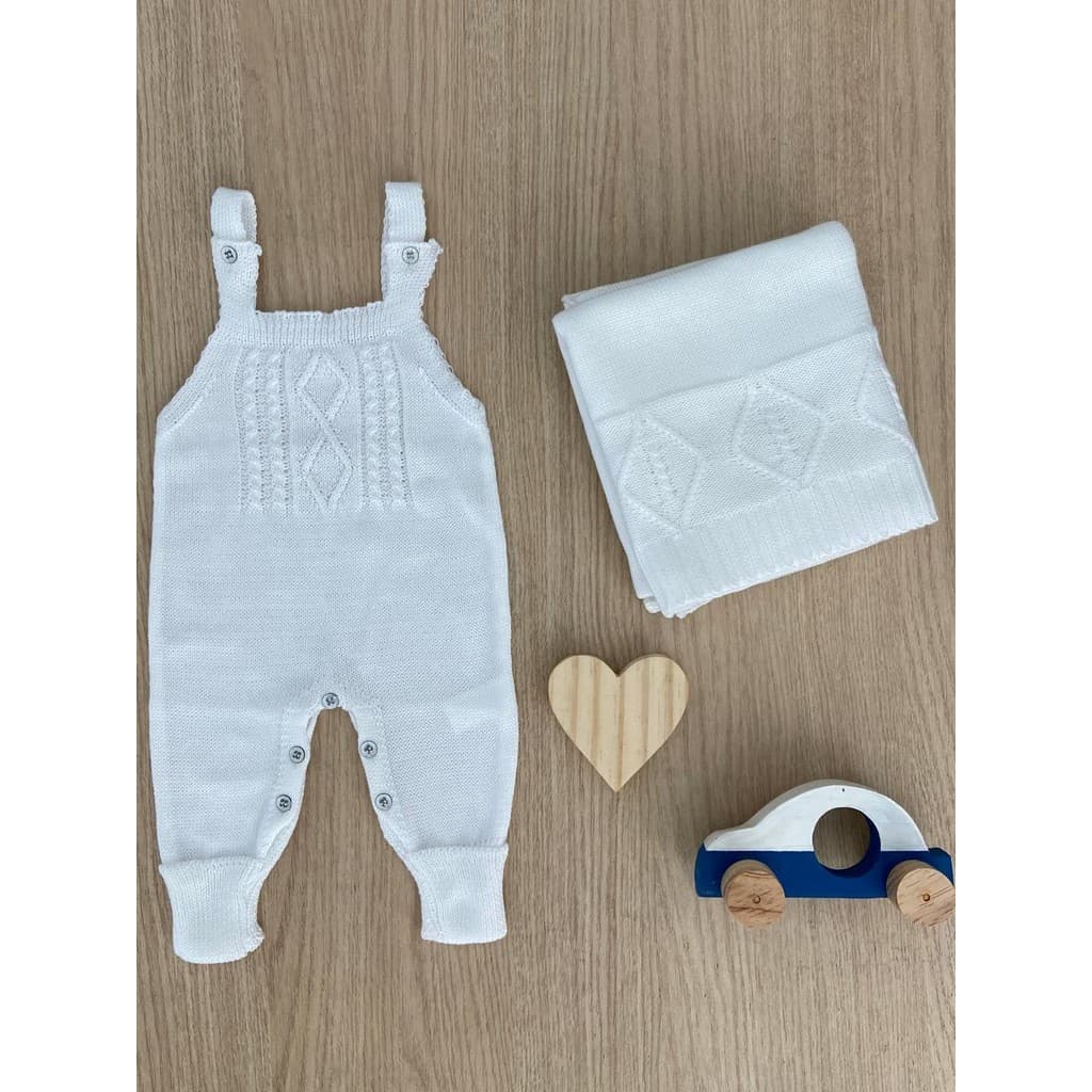 Kit Manta Salopete Trança RN Menino Menina Saída Maternidade Bebê Tricô Récem Nascido