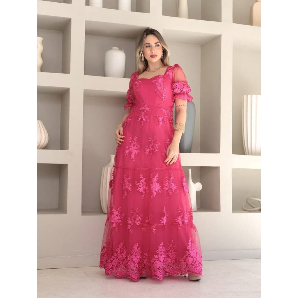 Vestido Longo Luxo tule festa  bordado manga curto