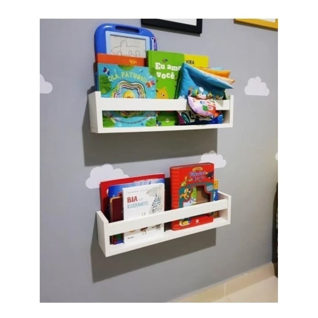 Jogo 2 Prateleira 40cm Branco Para Livro Revista Infantil