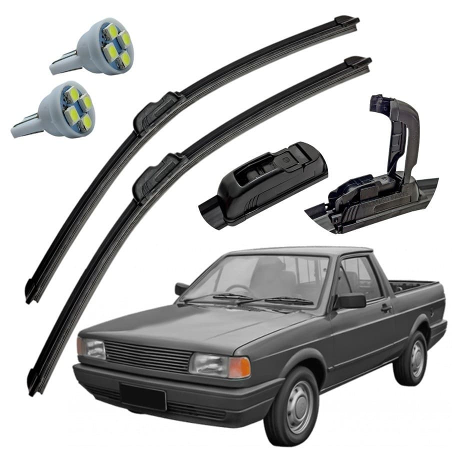 Kit Par Palheta Limpador Parabrisa VW Saveiro 1982 A 1997 + Pingo T10 Silicone Dianteiro