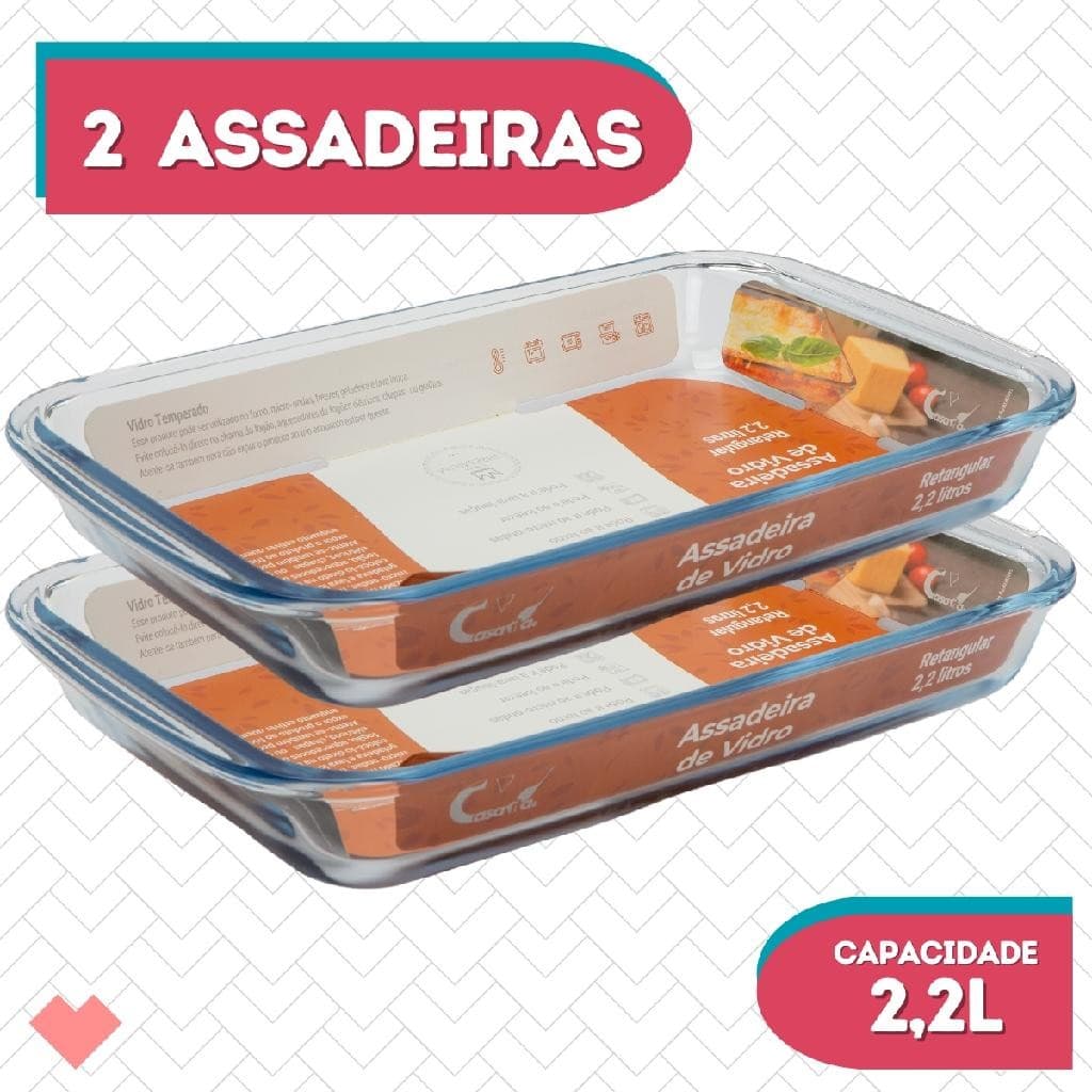 Kit 2 Refratário Vidro Retangular 2,2L  Freezer S/ Tampa