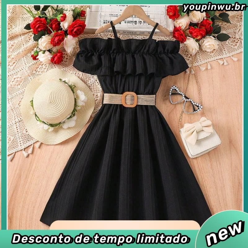 Vestido das meninas verão cinta laço vestido das crianças mais velhas estilo ocidental off-ombro roupas infantis