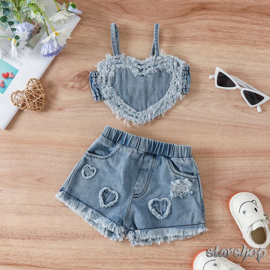 Starshop-Roupa De 2 Peças Para Bebês Meninas , Sem Mangas , Camisola De Coração E Shorts Jeans Rasgados Elásticos , Roupas De Verão