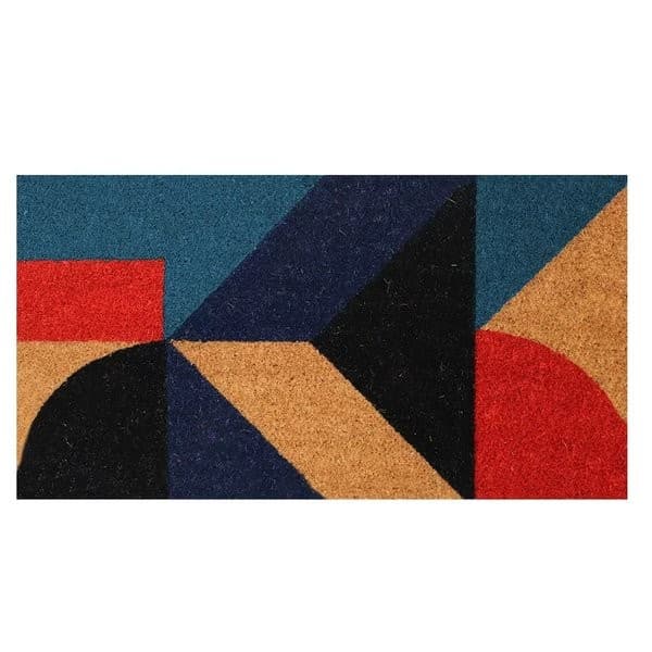 Tapete De Porta De Entrada Capacho Estampado Retangular Fibra De Coco Base PVC 60x33cm - Geométrico Azul e Vermelho