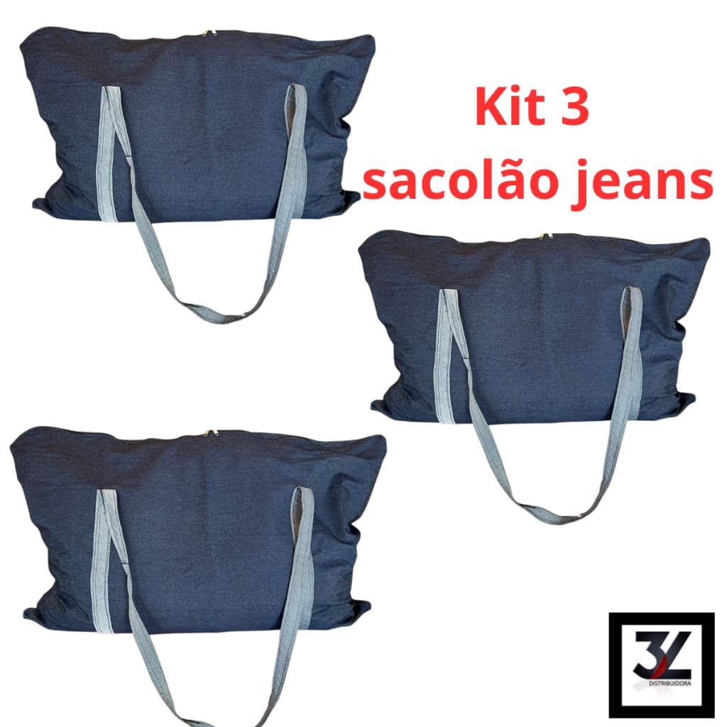 KIT 3 Sacolao Jeans Bolsa Gigante para Mudança Sacoleiro Sacoleira