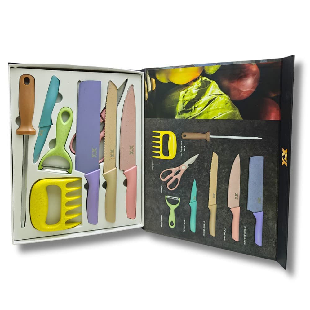 Kit de Facas Coloridas  8 Peças com Afiador, Tesoura e Garra p/ Desfiar