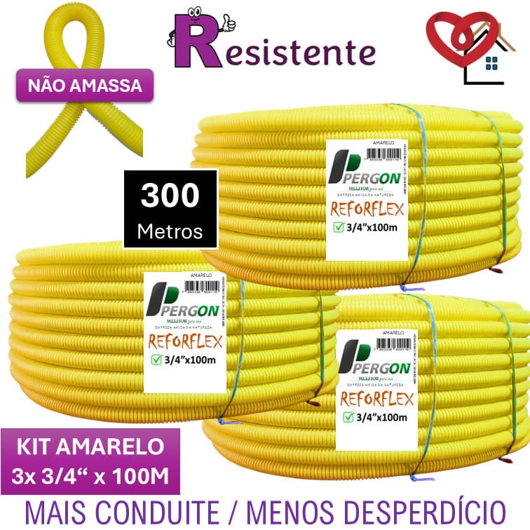 300/200 e 100 metros de Eletroduto Conduite 3/4" Corrugado Reforçado Amarelo PERGON